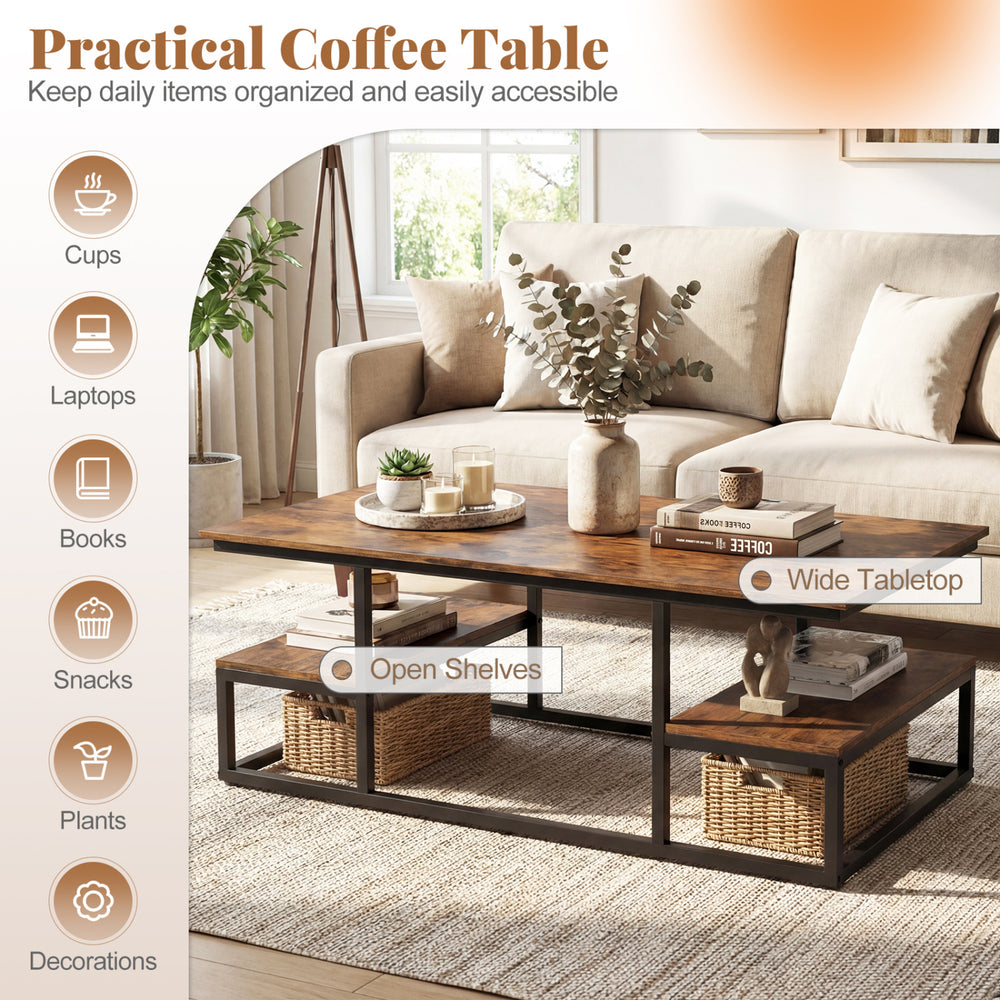 Rectangle coffee table with rustic brown finish, featuring open shelves and a wide tabletop for living room.