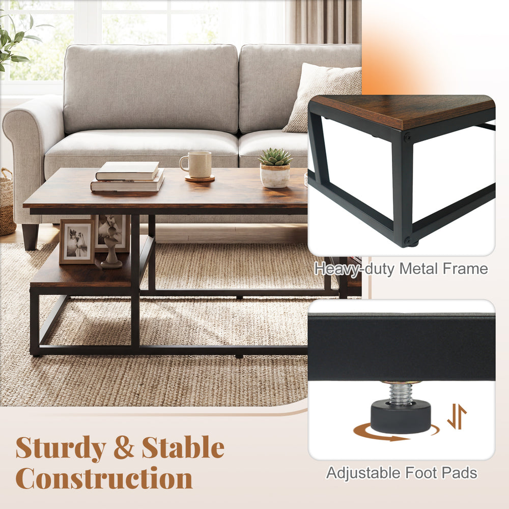 43" rectangle coffee table in rustic brown with open shelves, heavy-duty metal frame, and adjustable foot pads for.