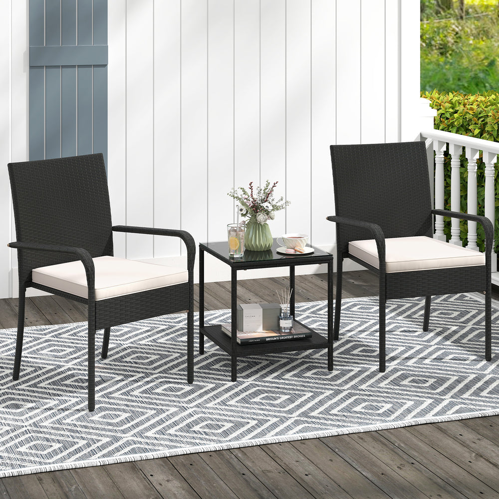 3 Piece Patio Furniture Set with Seat Cushions and Tempered Glass -White - Gallery View 1 of 10