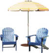 Two blue lounge chairs with a striped umbrella, part of a 7-piece outdoor relaxation bundle for patio enjoyment.