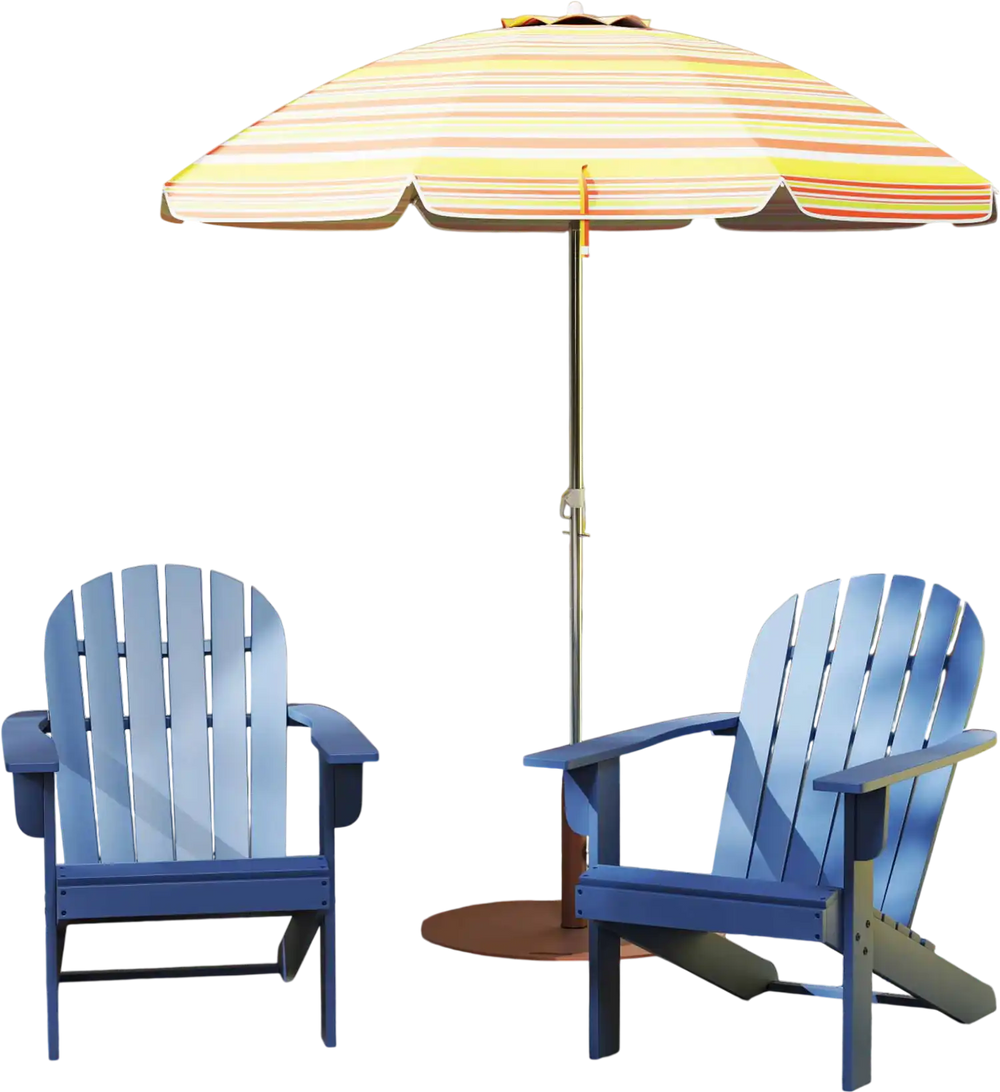 Two blue lounge chairs with a striped umbrella, part of a 7-piece outdoor relaxation bundle for patio enjoyment.