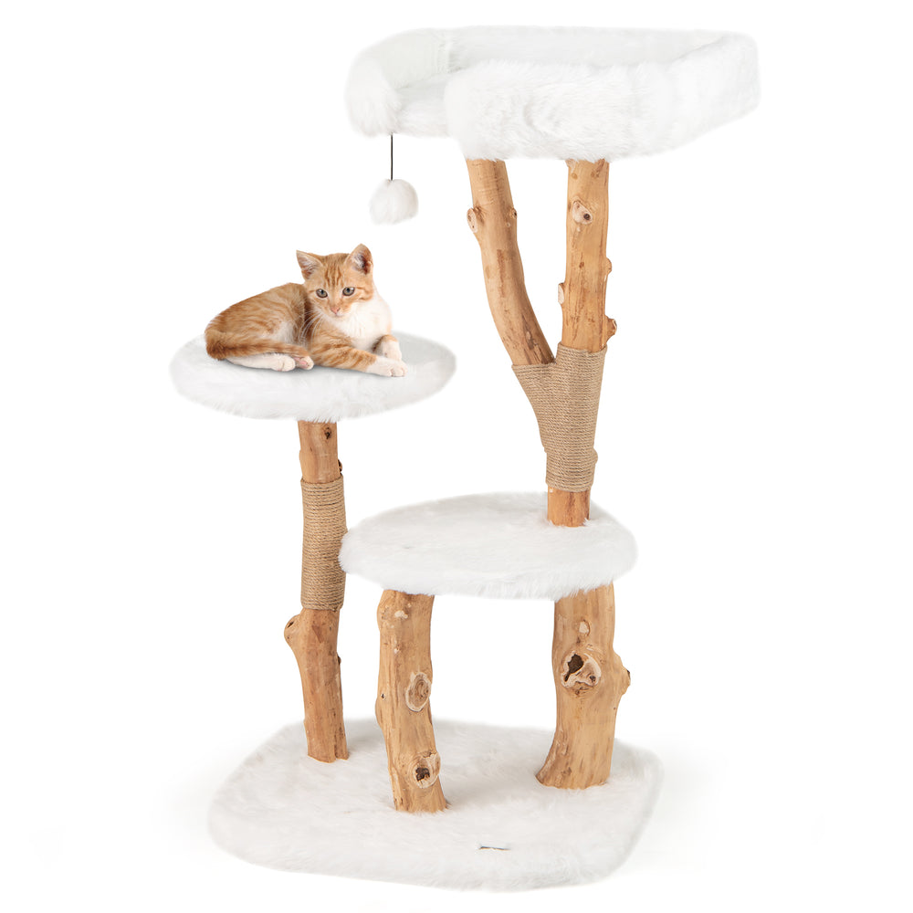 Solid wood cat tree with plush surfaces, jute scratching posts, and a cozy perch for playful relaxation.