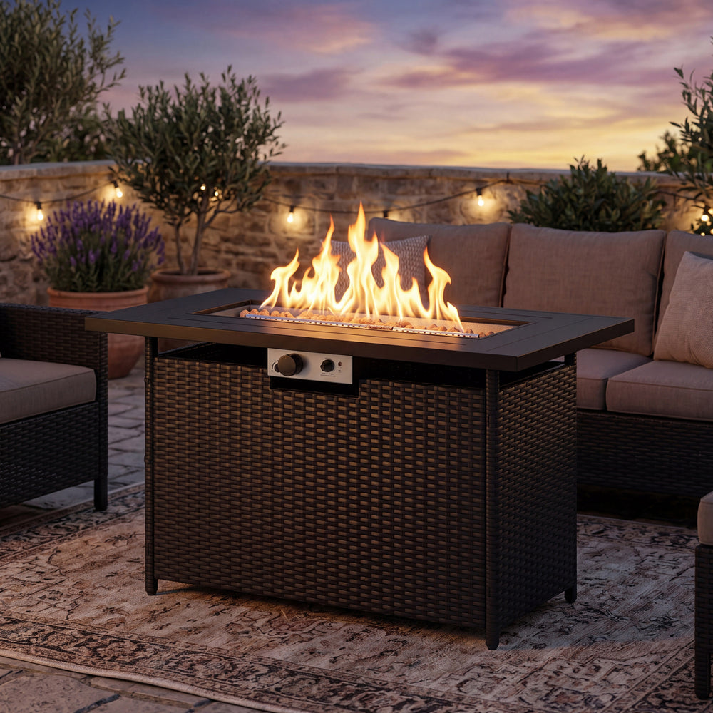 Front view of the 44.5-inch propane fire pit table with a sleek design, perfect for patio and backyard warmth.
