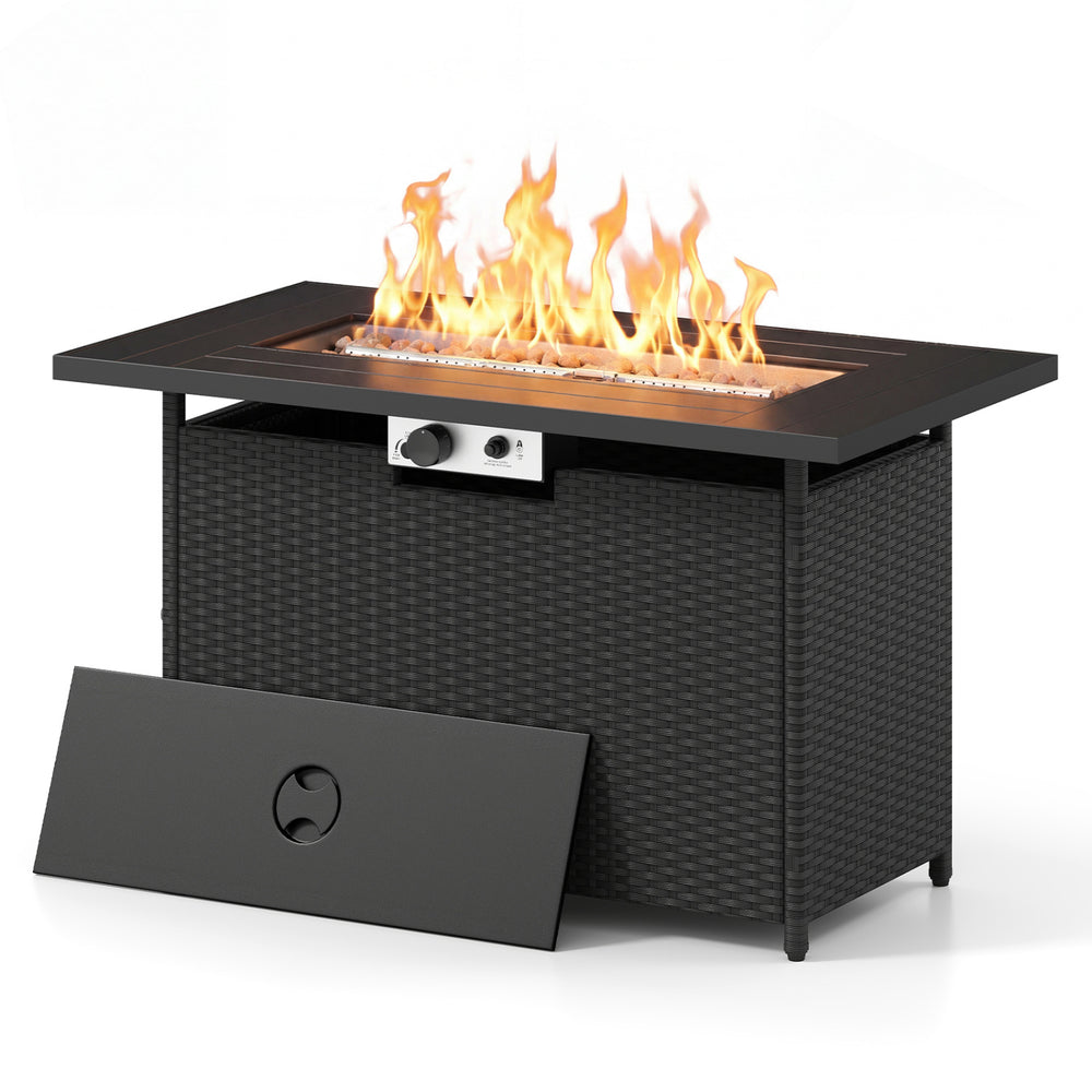 Top view of the 44.5-inch propane fire pit table showcasing the stainless steel burner and decorative lava rocks for.