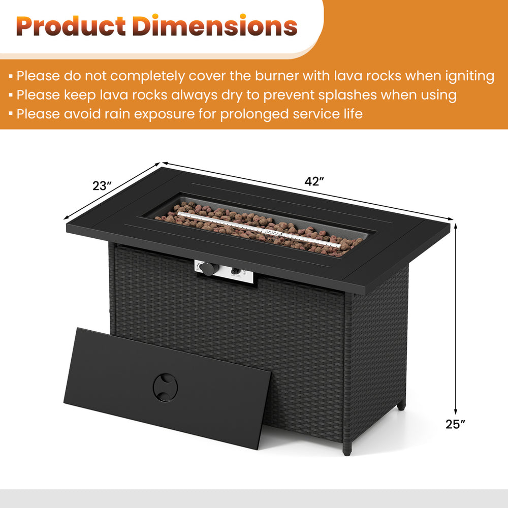 Propane fire pit table with stainless steel burner, 44.5 inches, featuring a black and gray rattan design for outdoor.