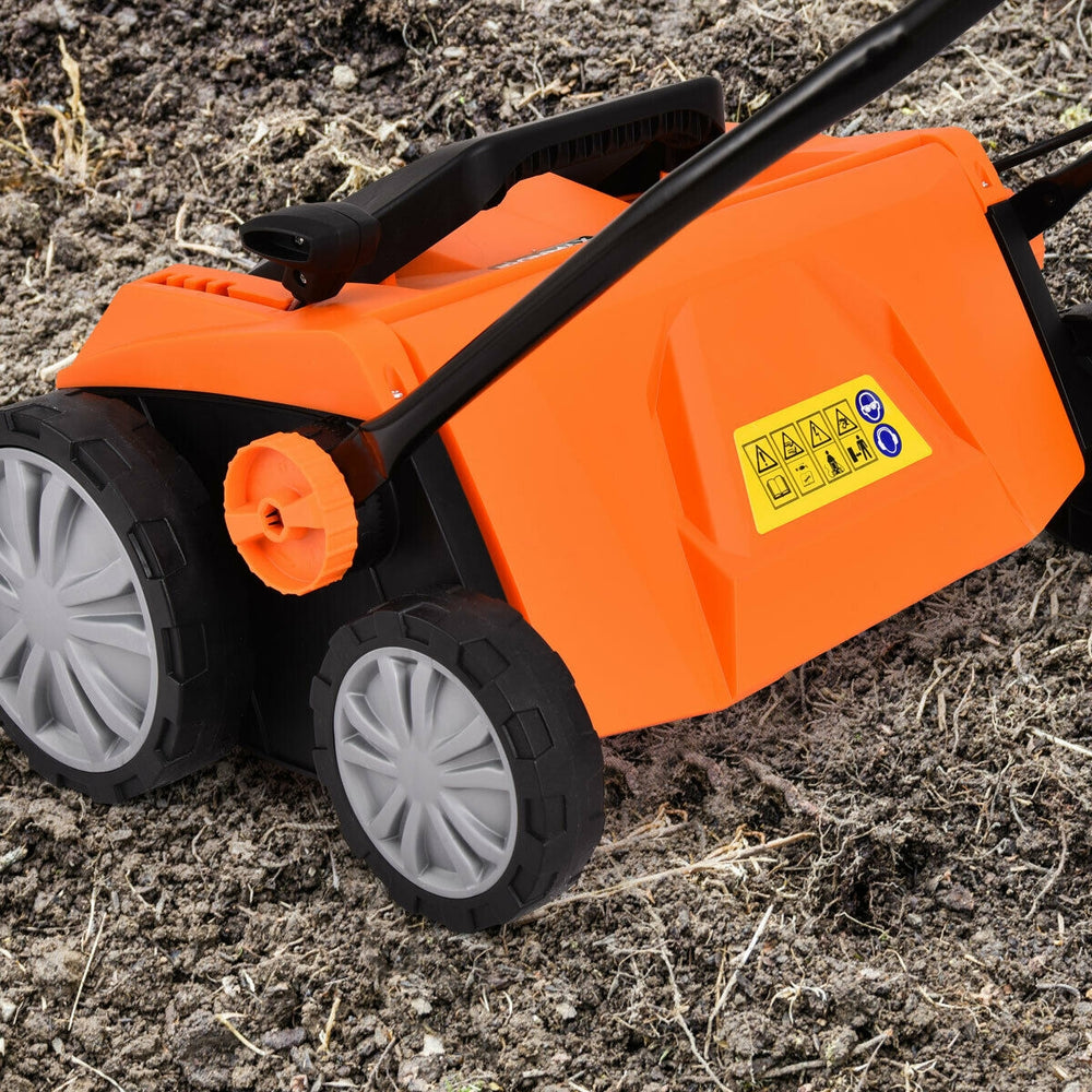 Electric scarifier with 13 Amp motor, adjustable heights, and 50L collection bag, shown from the side on soil.