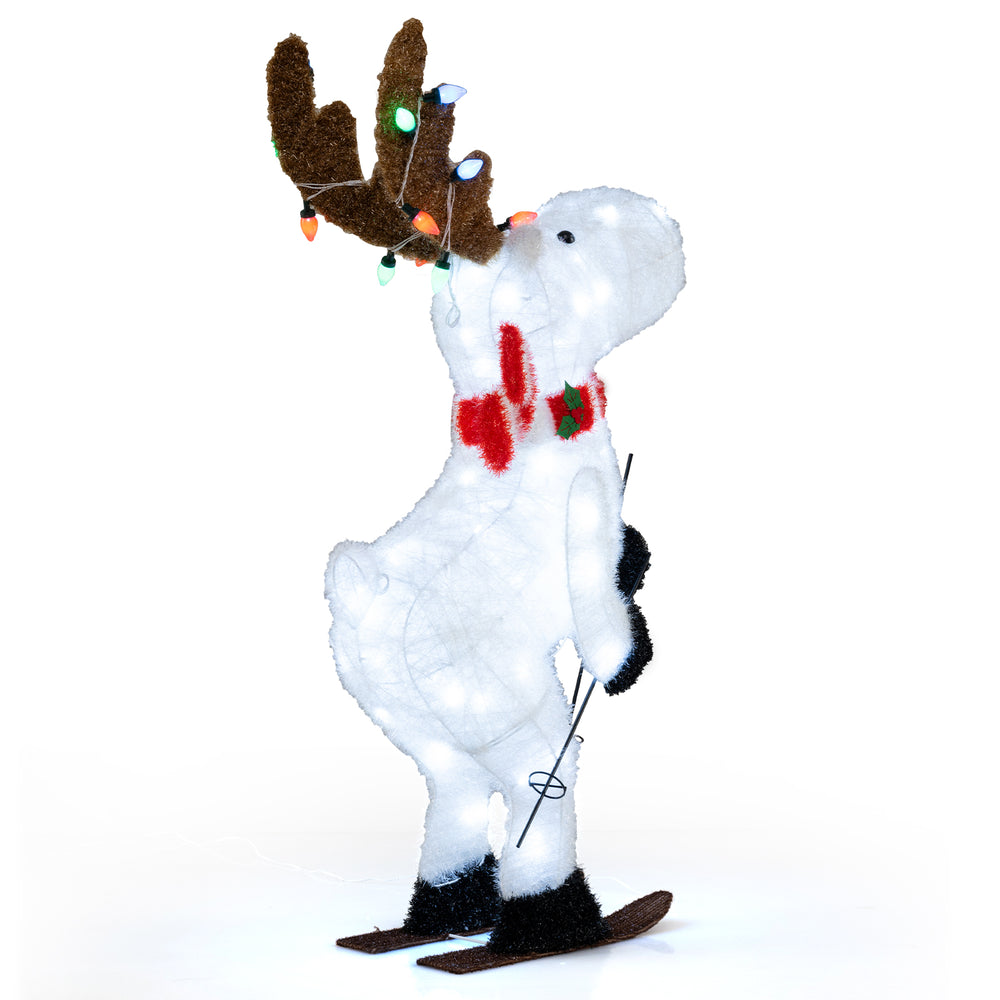 Animated 44" Christmas reindeer decoration with skiing pose, pre-lit with 98 LEDs and colorful antler lights for.