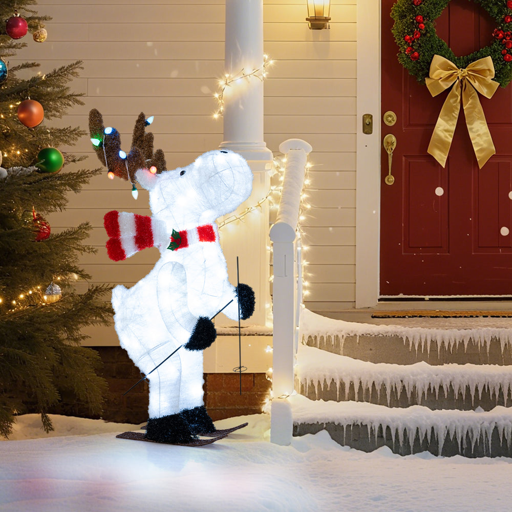 Animated 44" Christmas reindeer decoration with 98 LEDs, colorful antler lights, and skiing motion for festive outdoor.