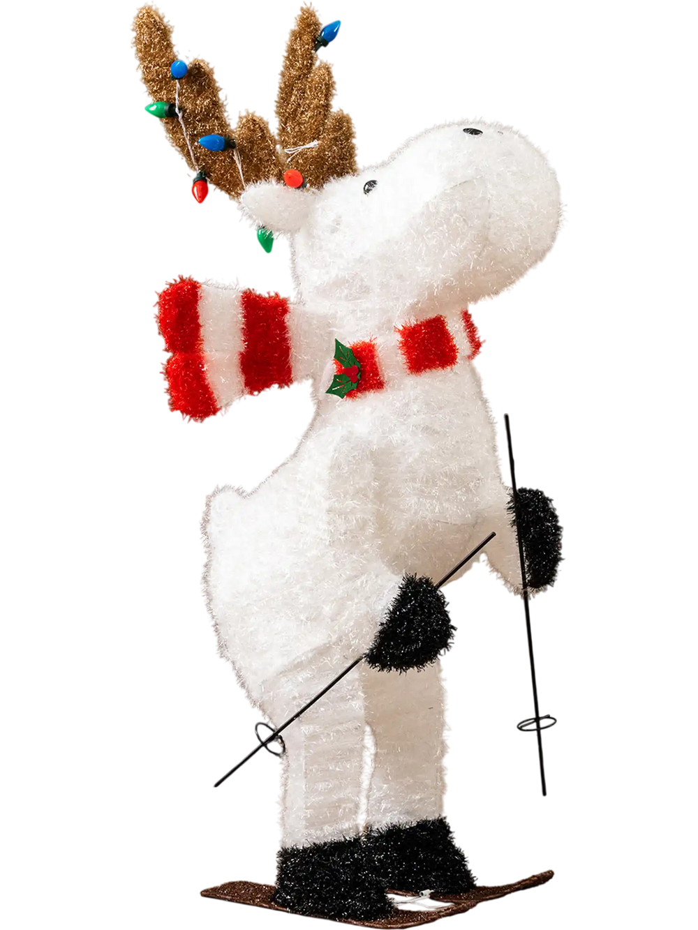 Animated 44" Christmas reindeer decoration with LED lights, skiing pose, perfect for festive outdoor displays.