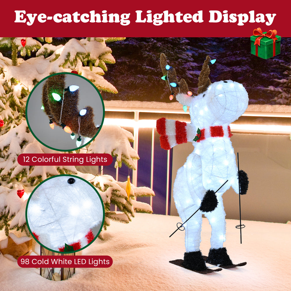 Animated 44" Christmas reindeer decoration with 98 cool white LEDs and colorful antler lights, ideal for outdoor.
