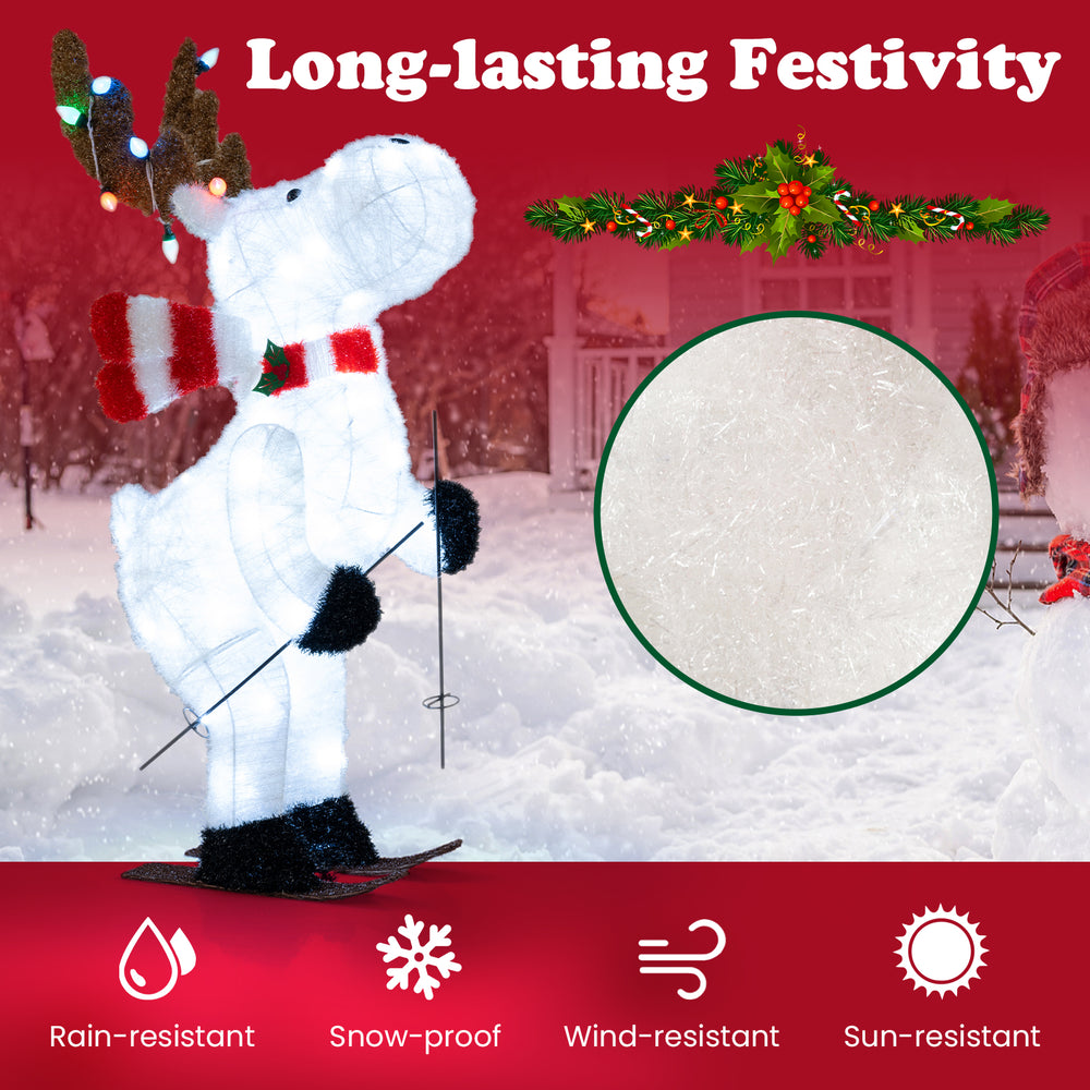 Animated 44" Christmas reindeer decoration with 98 LEDs, rain-resistant fabric, perfect for outdoor holiday displays.