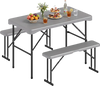 Folding picnic table set with gray HDPE top and two benches, perfect for outdoor gatherings and easy storage.