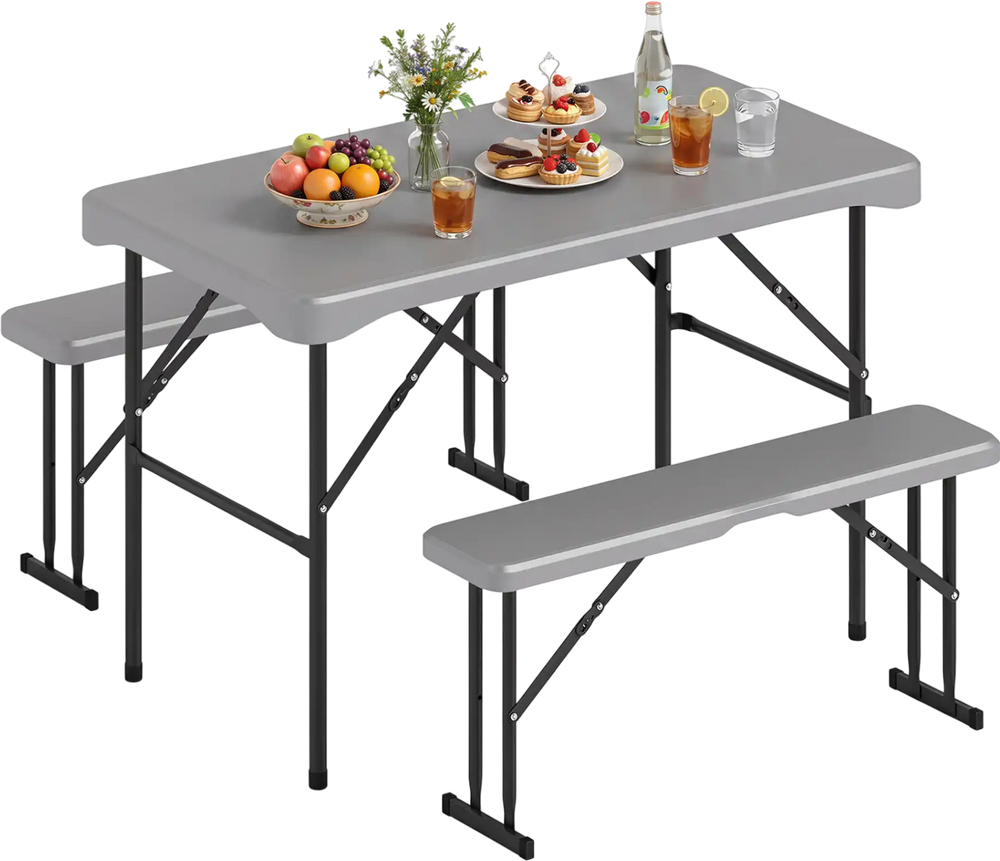Folding picnic table set with gray HDPE top and two benches, perfect for outdoor gatherings and easy storage.