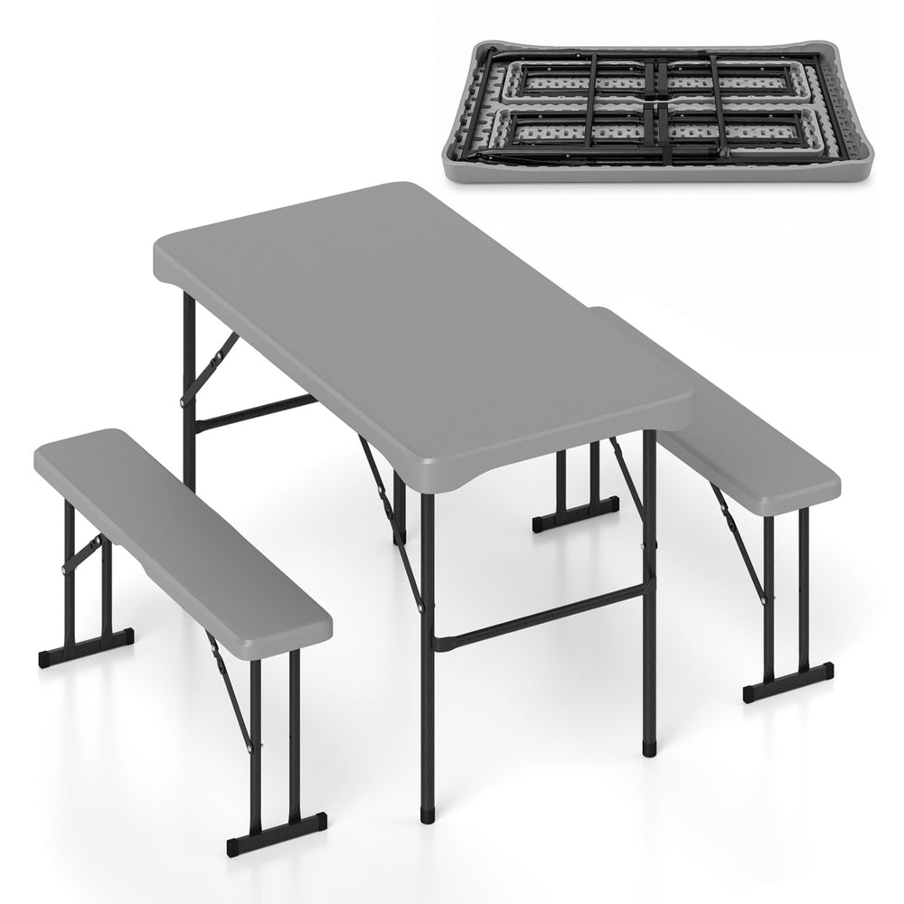 44" gray HDPE folding picnic table set with 2 benches, lightweight and portable for outdoor gatherings and storage.