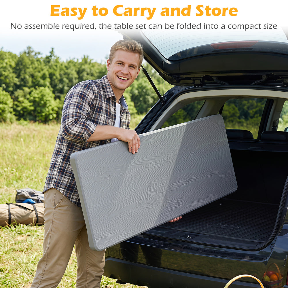 The 44" gray HDPE folding picnic table set features a lightweight design for easy transport and compact storage.
