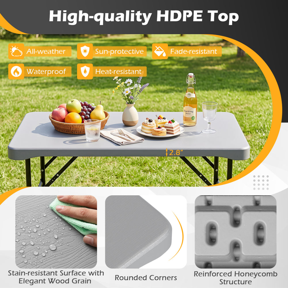 44" gray HDPE folding picnic table set with two benches features a stain-resistant surface and rounded corners for safety.