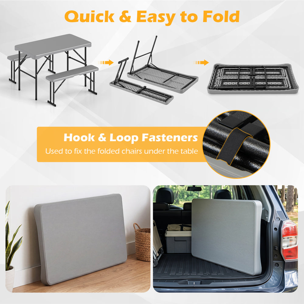 44" gray HDPE folding picnic table set with two benches, featuring a compact design and quick folding for easy storage.