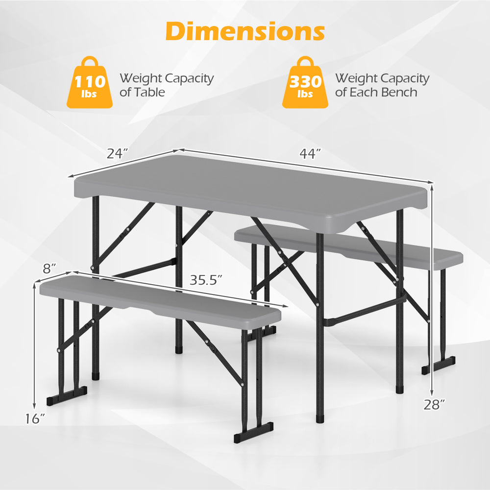 44" HDPE folding picnic table set with two benches, featuring a gray stain-resistant surface and sturdy metal frame for outdoor use.