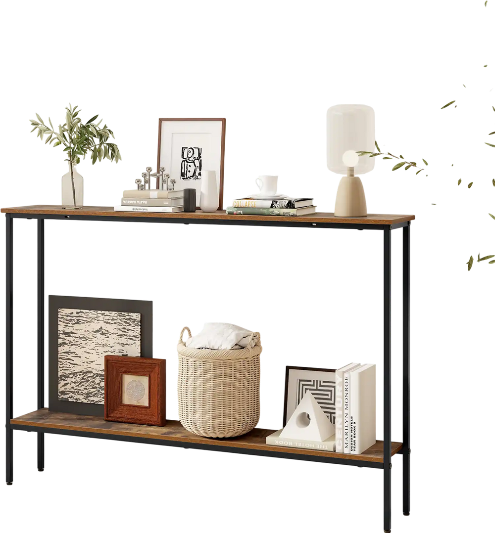 Rustic brown 44-inch console table with dual anti-tipping kits and ample storage, ideal for living rooms or entryways.