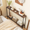 Rustic brown 44-inch console table with shelf, featuring a metal structure, perfect for living rooms and narrow spaces.