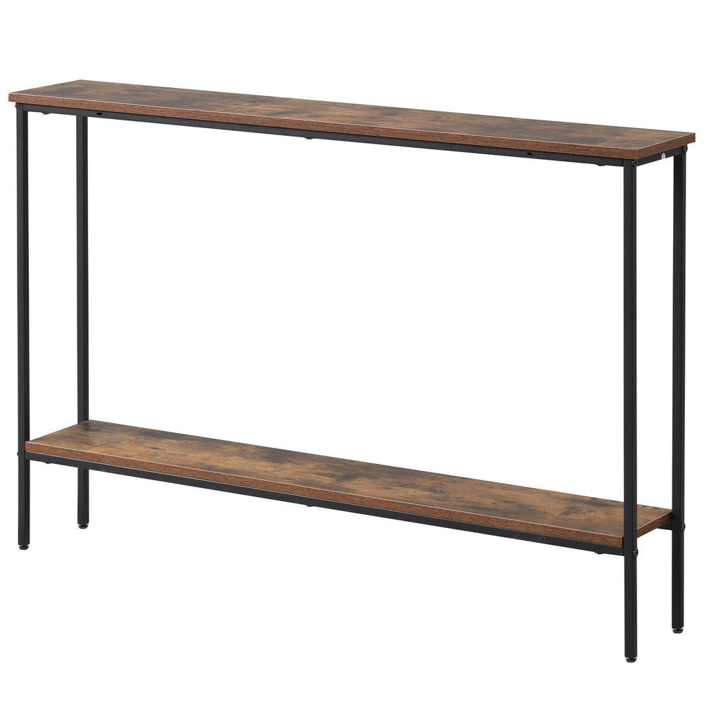 Rustic brown 44-inch console table with metal frame, dual anti-tipping kits, and bottom shelf for versatile storage.