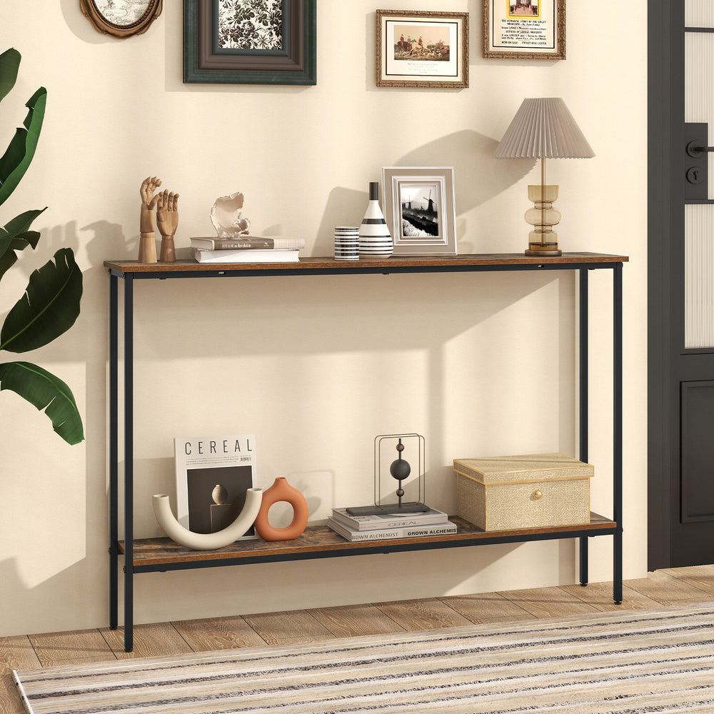 Rustic brown 44-inch console table with dual anti-tipping kits and ample storage, ideal for living rooms and entryways.