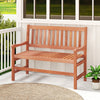 44-inch 2-seat outdoor loveseat bench with solid wood frame, slatted design, and teak oil finish for backyard.