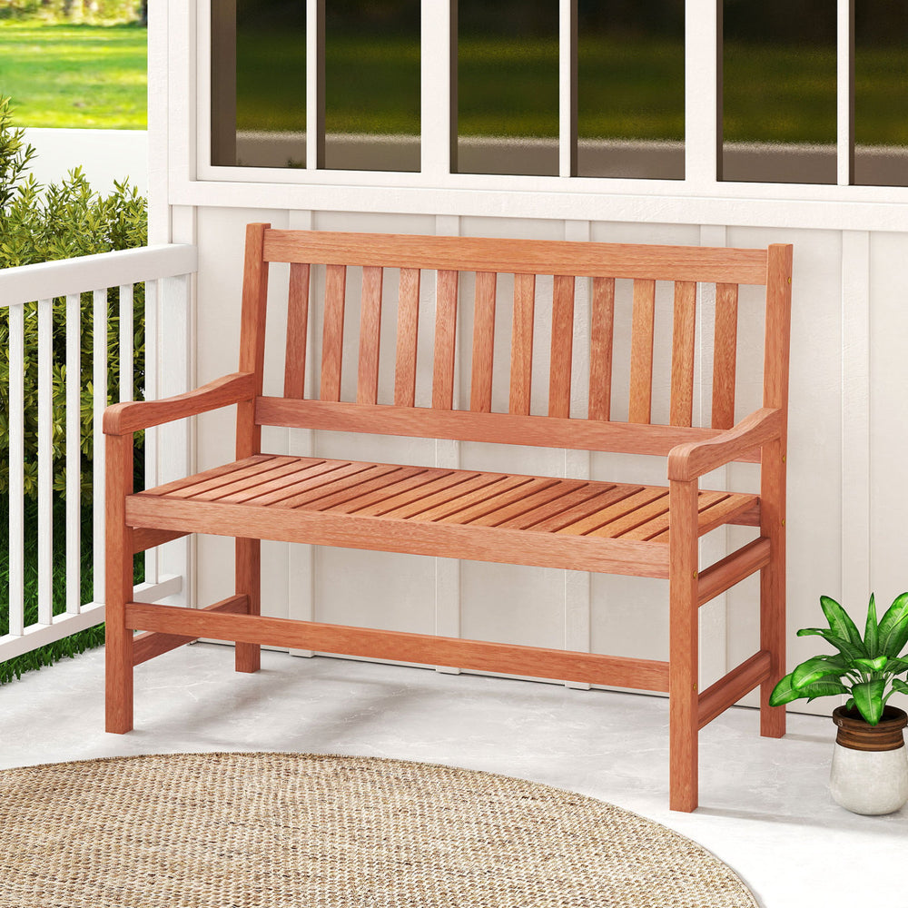 44-inch 2-seat outdoor loveseat bench with solid wood frame, slatted design, and teak oil finish for backyard.