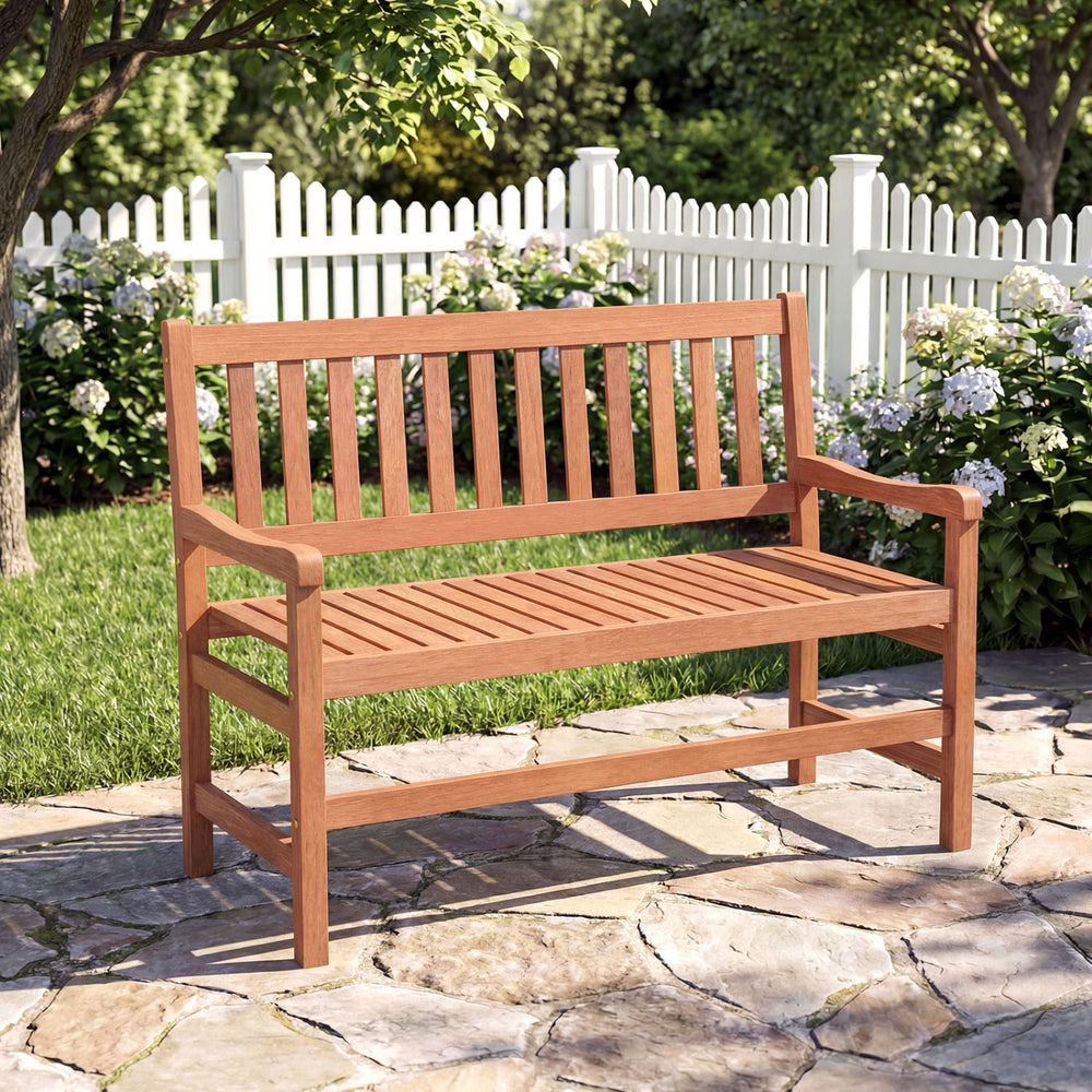 44-inch 2-seat outdoor loveseat bench with solid wood frame and teak oil finish, perfect for backyard relaxation.