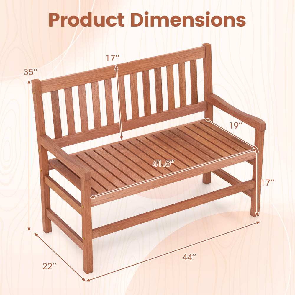 Dimensions of the 44-inch 2-seat outdoor loveseat bench with solid wood frame and slatted design for airflow.