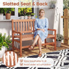 44-inch outdoor loveseat bench with slatted design, solid wood frame, and teak oil finish for backyard relaxation.