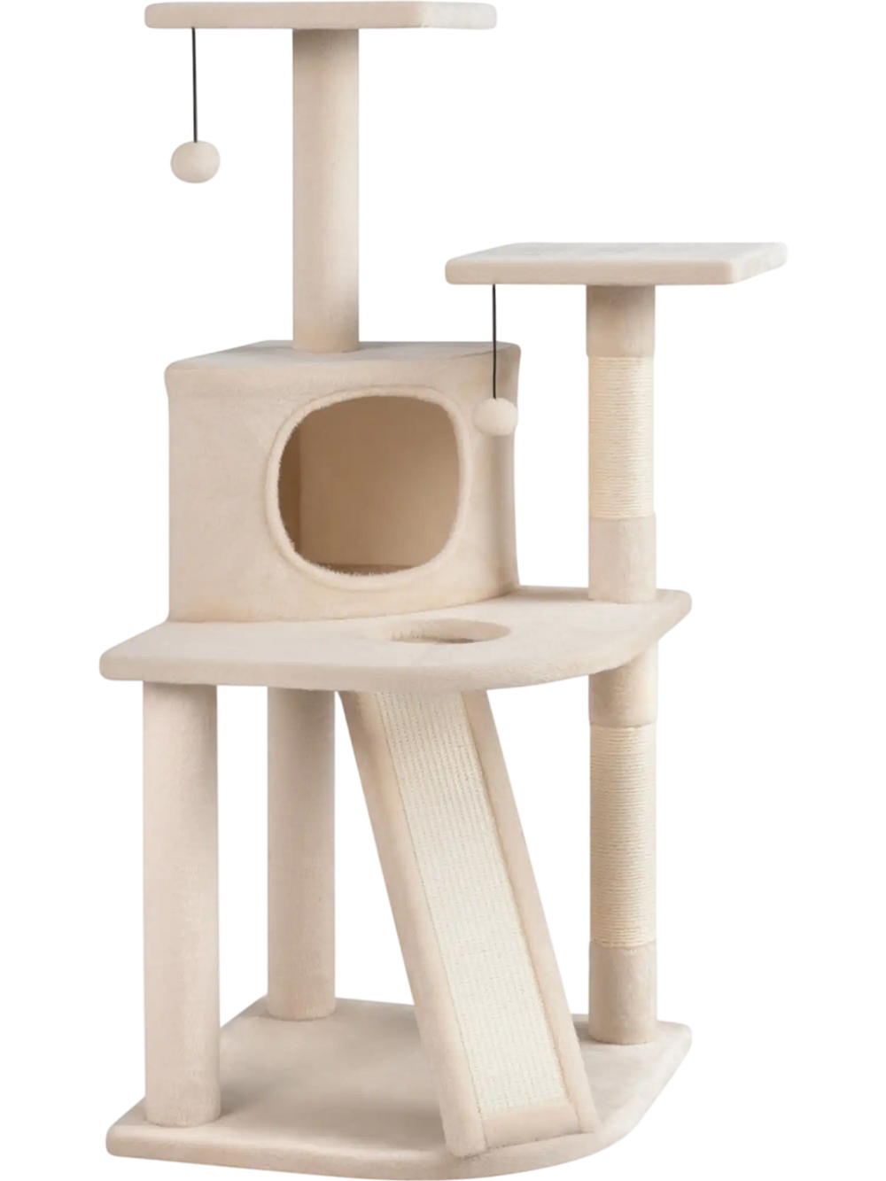 44-inch tall beige kitten tower featuring a condo, two plush perches, and sisal-wrapped scratching posts for active.