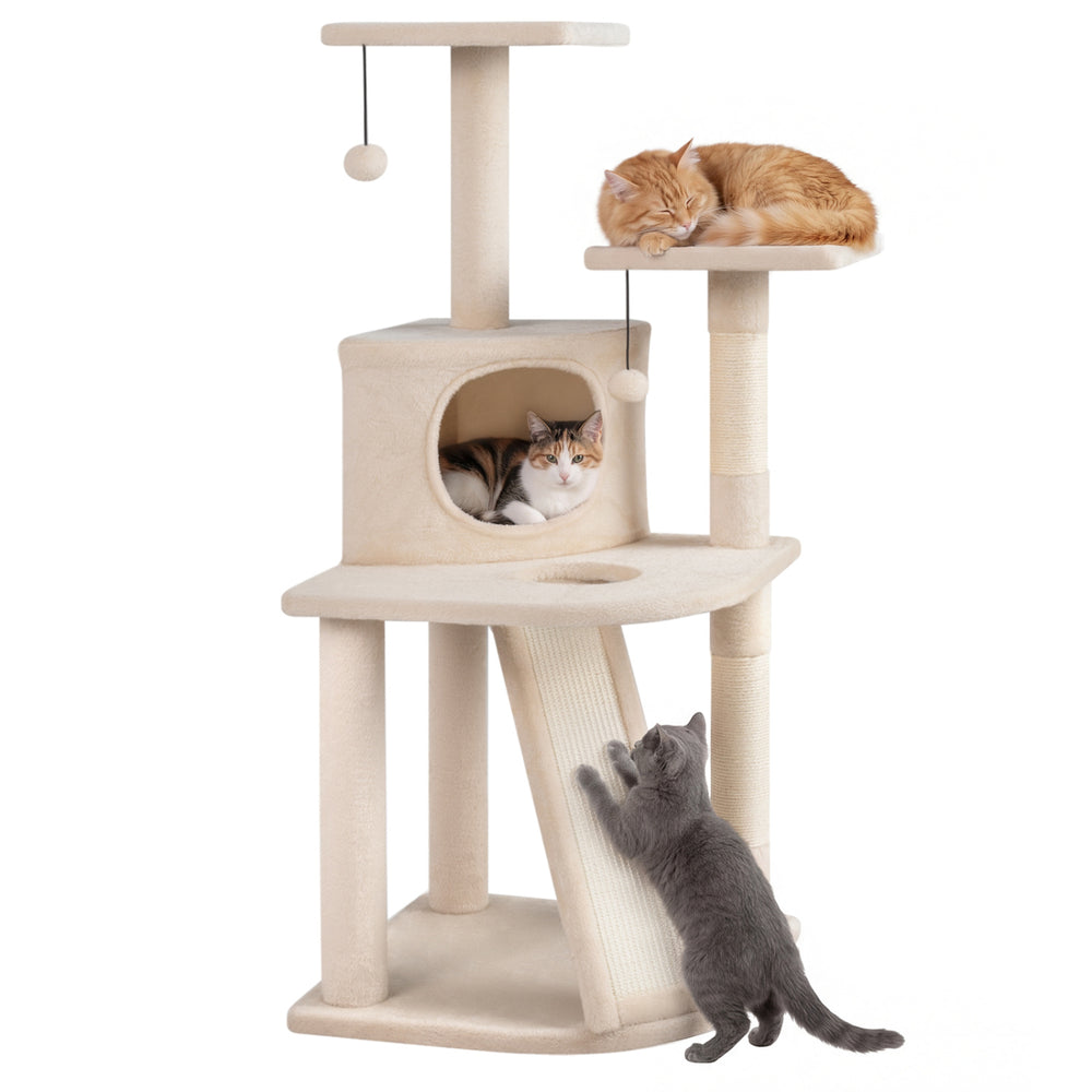 Cat tree featuring a beige 44-inch tower with two plush perches, condo, and sisal-wrapped scratching posts for play.