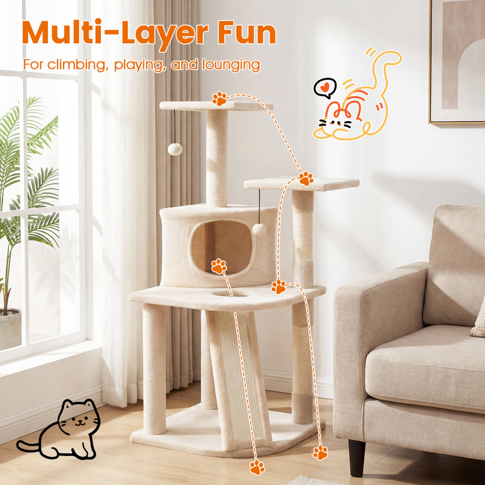 44-inch tall beige kitten tower featuring a condo, two plush perches, and sisal-wrapped scratching posts for play and.