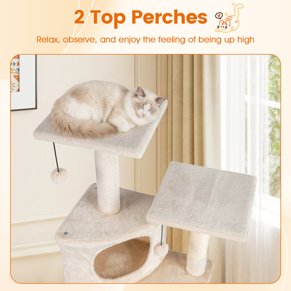Two plush perches on a 44-inch beige kitten tower, perfect for relaxing and observing from a height.