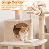 Large beige cat condo with plush fabric, featuring a cozy hideaway and two elevated perches for relaxation.