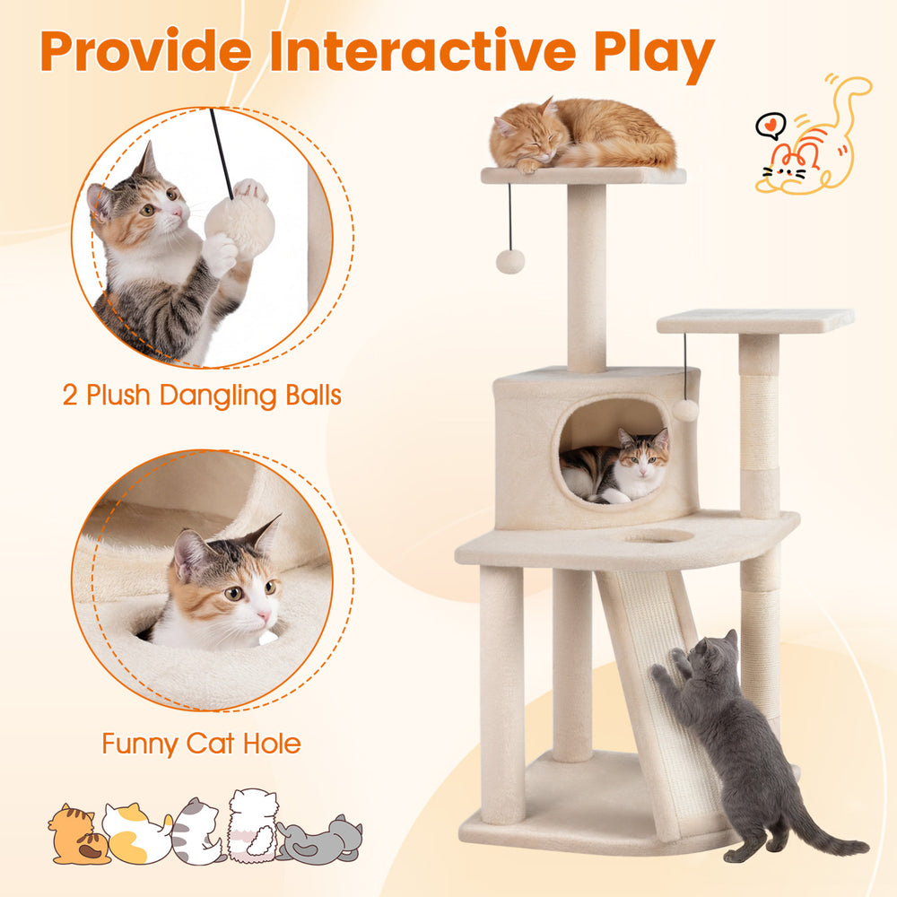 44-inch tall beige kitten tower featuring 2 plush perches, condo, and interactive dangling balls for playful cats.