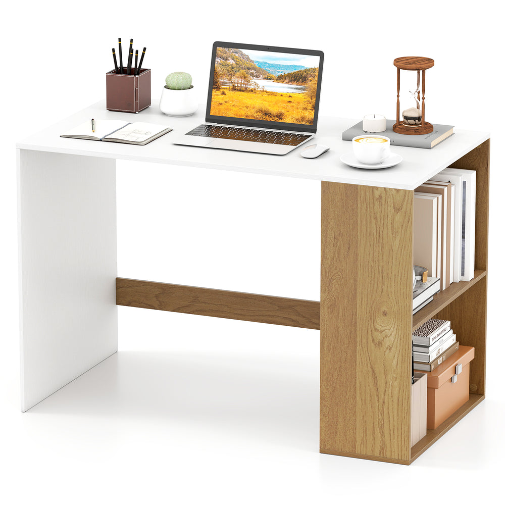 Wooden computer desk with a spacious white top and natural wood accents, perfect for small space organization and.