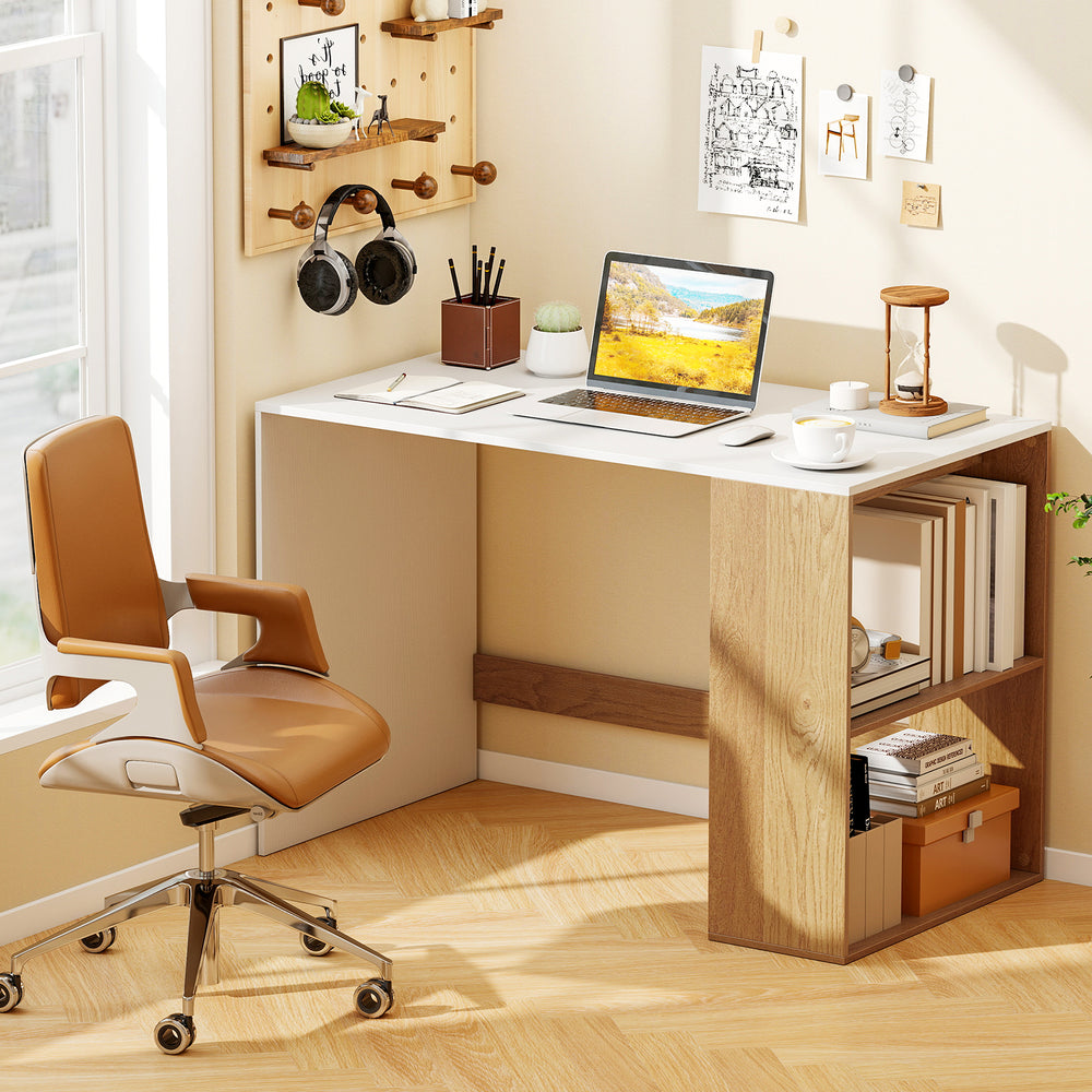 Wooden computer desk with a 2-tier bookshelf in white and natural finish, ideal for small spaces and organizing.