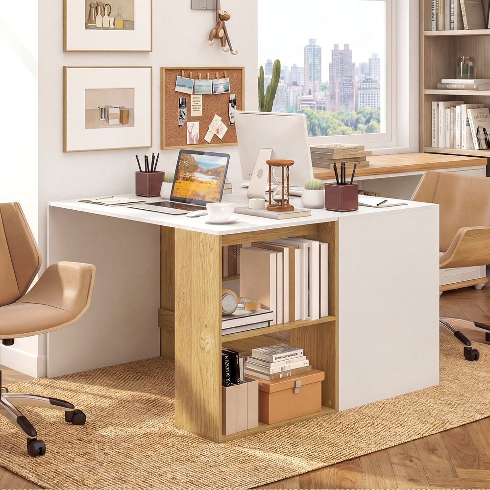 Wooden computer desk with a spacious white top and natural wood shelf, designed for efficient organization in small.