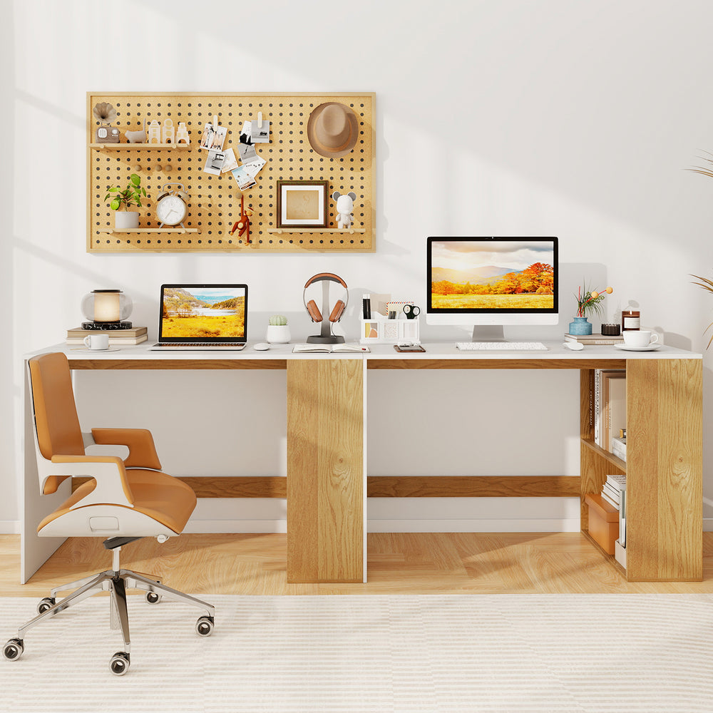 Wooden computer desk with bookshelf in white and natural finish, ideal for small spaces and multitasking.