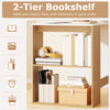 2-tier bookshelf with books and stationery, made of wood, designed for organizing essentials in small spaces.