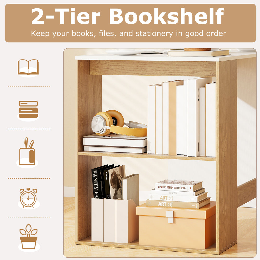 2-tier bookshelf with books and stationery, made of wood, designed for organizing essentials in small spaces.