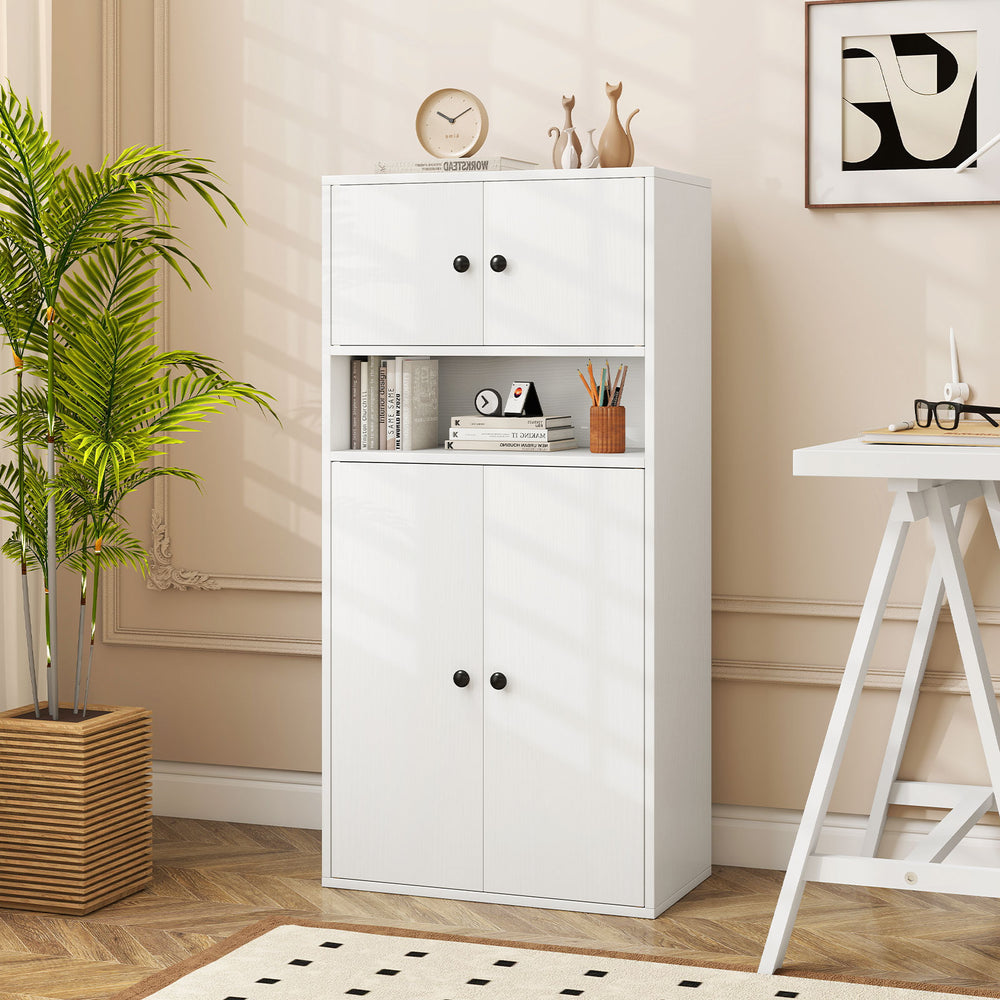 Tall white bookshelf with doors, adjustable shelf, and two cabinets for ample storage in a modern living space.