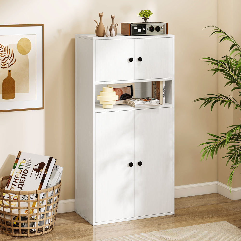 Tall white bookshelf with doors, adjustable shelf, and metal handles, perfect for organized storage in any room.