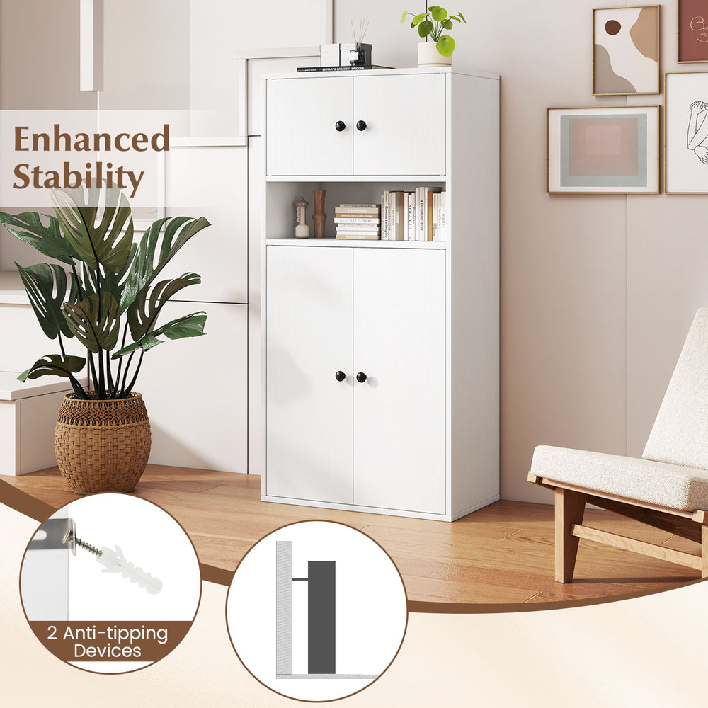 44-inch tall white bookshelf with doors, adjustable shelf, and anti-tipping devices for secure storage in any room.