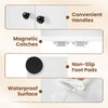 Close-up of the 44-inch tall bookshelf's magnetic catches and convenient handles, featuring a waterproof surface for.