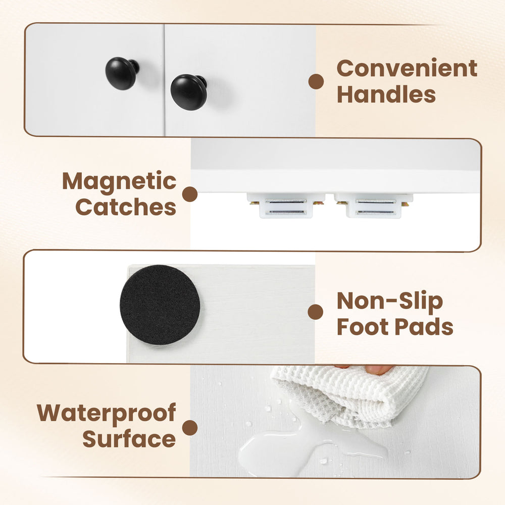 Close-up of the 44-inch tall bookshelf's magnetic catches and convenient handles, featuring a waterproof surface for.