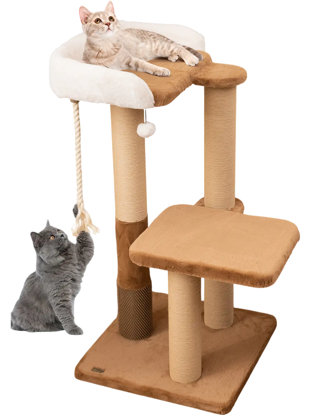 Plush padded perch and large jumping platform on a modern 44-inch cat tree, ideal for indoor cats to play and relax.