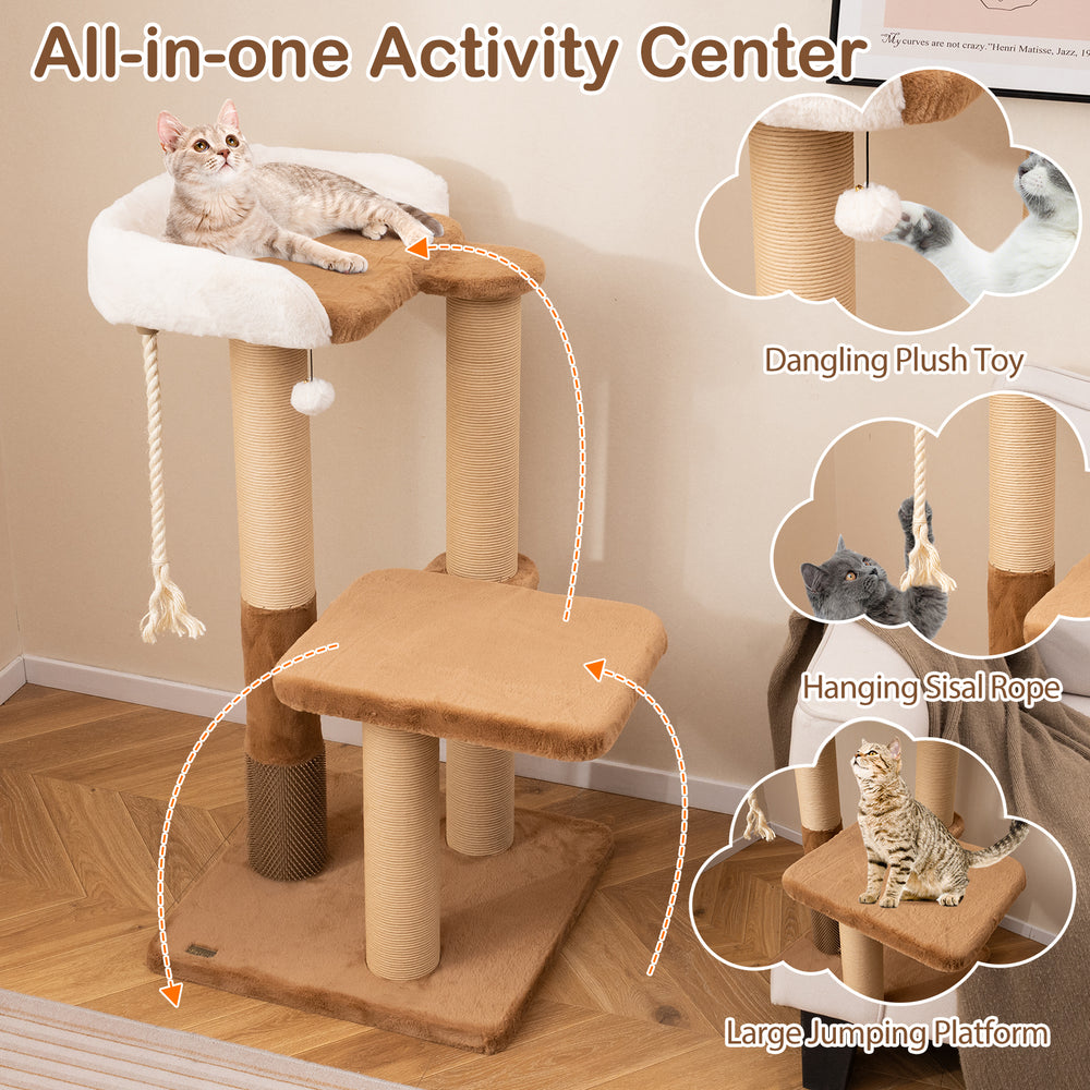 Modern 44-inch cat tree with plush padded perch, dangling toy, and large jumping platform for indoor cats.
